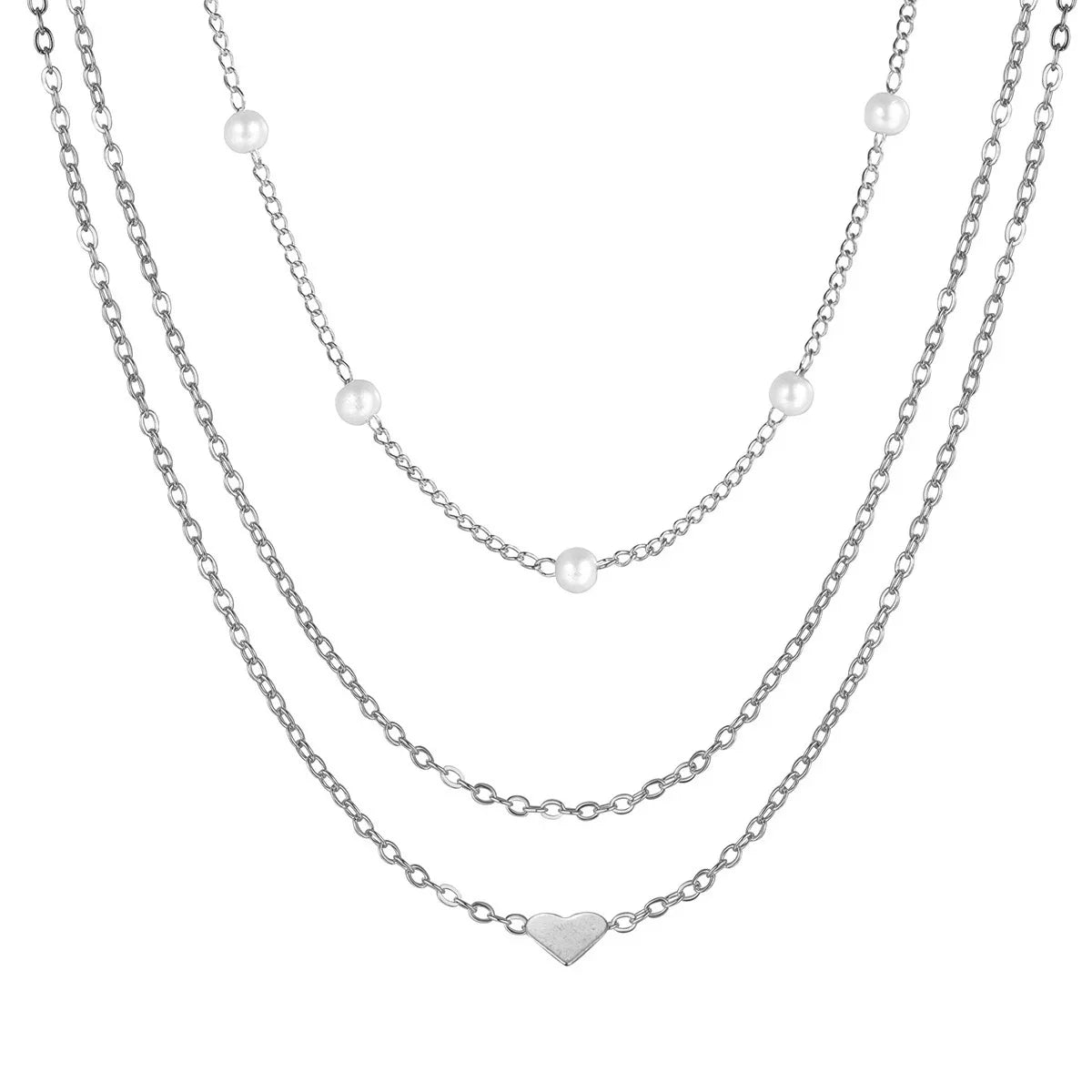 Collares multicapas con colgante de corazón y cruz de perlas